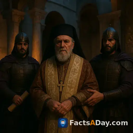 In 565, a religious leader was arrested for defying an emperor's theological decree